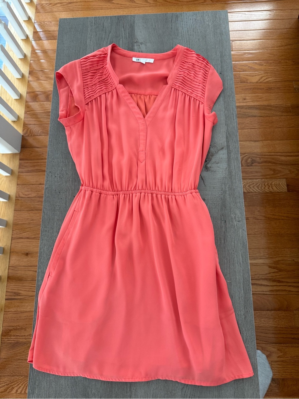 Coral Cap-Sleeve V-Neck Dress with pockets!